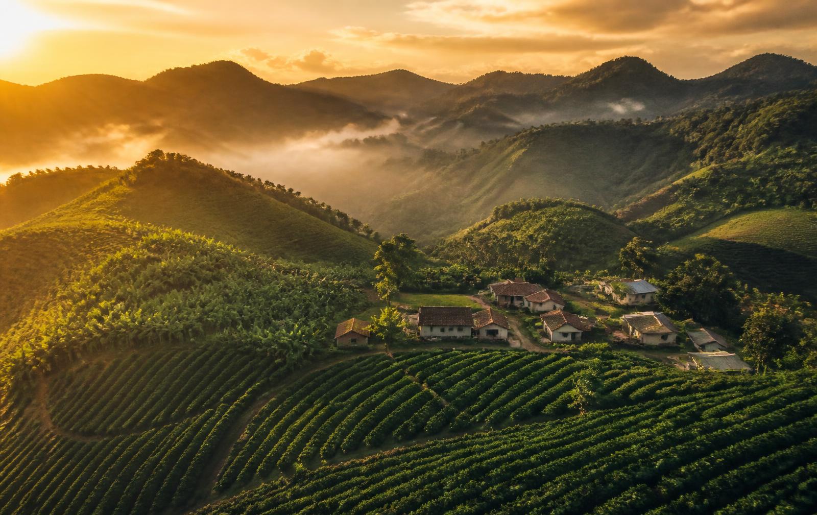 Vista aérea das montanhas e lavouras do distrito de Paraju, Domingos Martins